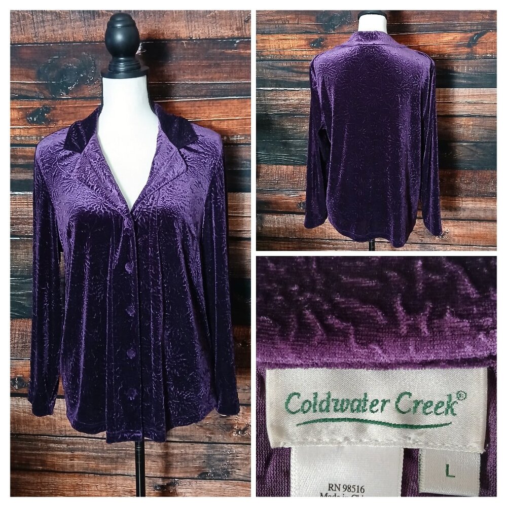 Coldwater Creek Top L Purple Velvet Button Front